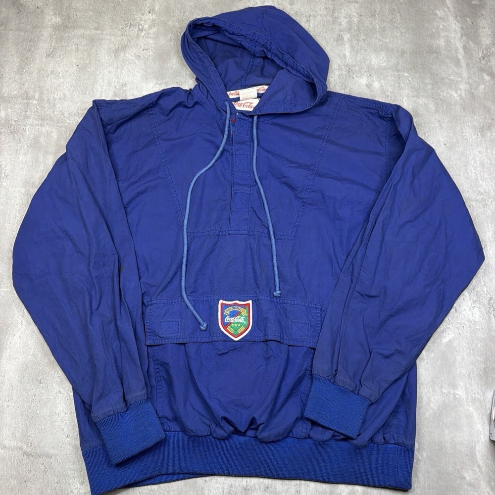 Vintage 80's Coca-cola Anorak Pullover Jacket Blue Crest Half Zip Small Hooded